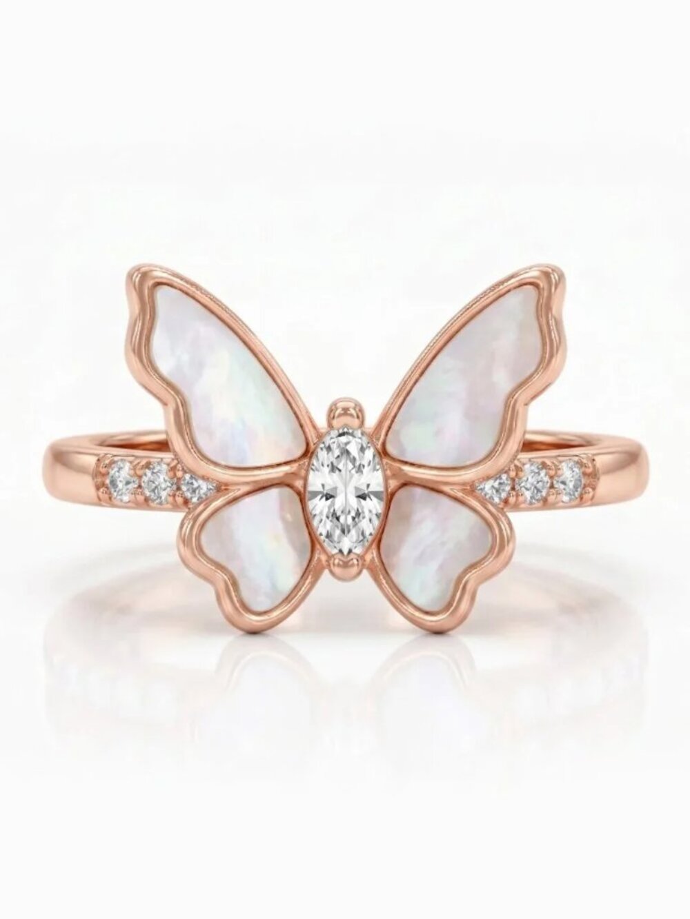 Rose Gold Butterfly ring with Mother of pearl, Charmed Aroma